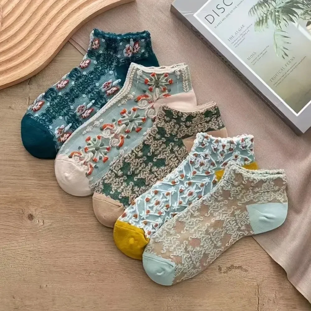 Women Blue Green Embroidered Floral Lightweight Soft Ankle Socks Hosiery 5 Pairs